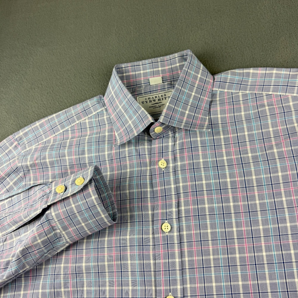 Charles Tyrwhitt Shirt Men's 16 34 Blue Plaid Long Sleeve Button Up Cotton Dress